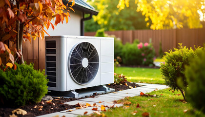 Heat pump in autumn garden.