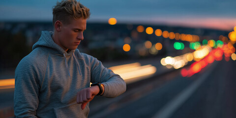 Man in sports gear looking over busy bridge at sunset with blurred traffic lights and glowing fitness armband visible.