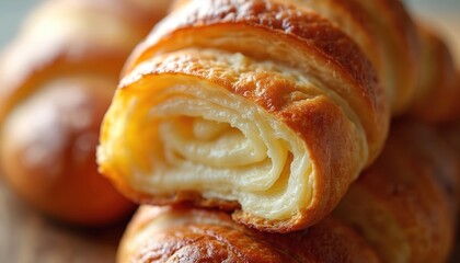 Golden brown croissant close-up reveals flaky layers and buttery filling. Freshly baked pastry perfect for breakfast, bakery promotions, or food styling. Tasty baked goods delight.