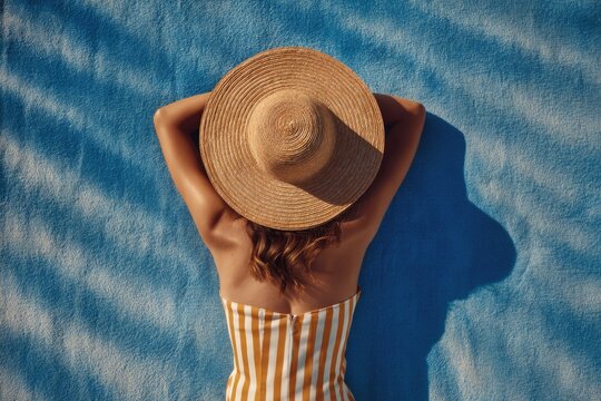 top view of a woman sunbathing on the beach