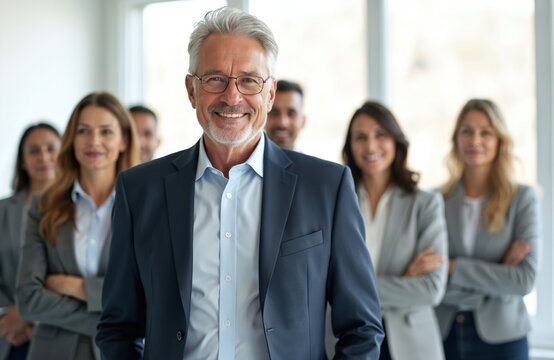 Mature businessman leads diverse team in modern office. Confident man in suit smiles at camera. Colleagues stand behind in blurred background, suggesting teamwork and success in corporate environment.