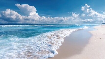 Beautiful summer background with sand and blue sky. Blurred beach scene with copy space