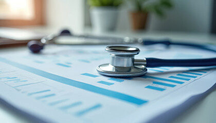 Stethoscope rests on medical chart graph with blue bars. Close-up on doctor instrument. Represents healthcare analysis, patient data, research, diagnosis. Suggests health checkups, medical practice.