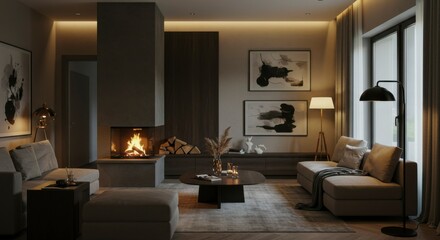Fototapeta premium Cozy living room with fireplace and art