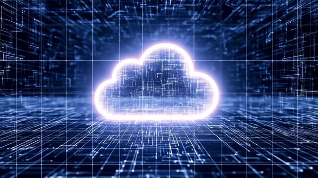 Digital cloud symbol glowing in a futuristic data environment with gridlines and binary code patterns