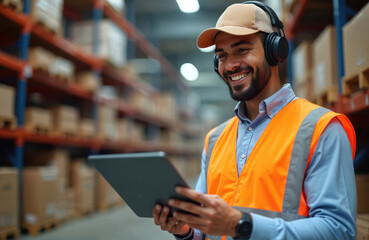 Smiling man wearing headset, orange safety vest uses tablet in warehouse. Works in logistics, managing inventory, shipments. Technology streamlines operations in storage facility, promoting efficient