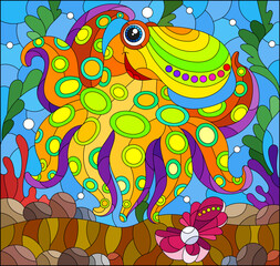 Illustration in the style of a stained glass window with a cute octopus on a background of algae and water