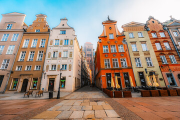 Gdansk with Motlawa river in Poland. Old town colourful house with saint Marys church i main square.
