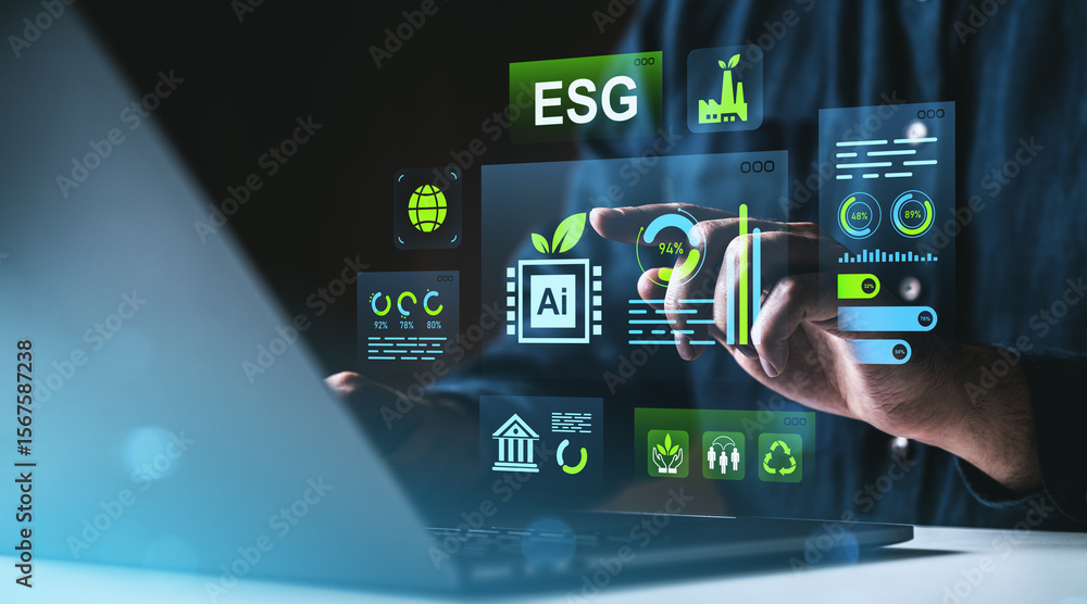 Poster sustainable technology and esg data interface concept with futuristic digital graphics and environme