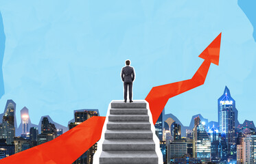 Businessman standing on staircase above city skyline with red ar