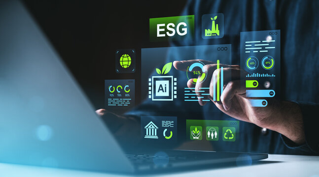 Sustainable technology and ESG data interface concept with futuristic digital graphics and environmental analytics on screen in business setting. - Powered by Adobe