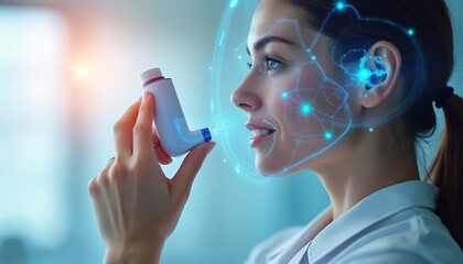 Woman smiles holding connected inhaler, receiving real-time feedback for respiratory health management. Smart medical device offers digital health solution, improving patient care, condition