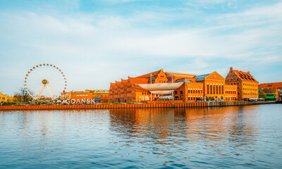 Gdansk with Motlawa river in Poland. Old town colourful house with Polish Baltic Frederic Chopin Philharmonic