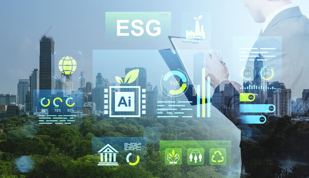 ESG and AI sustainability concept over Bangkok skyline with busi