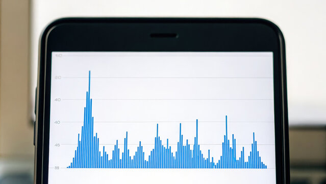 Voice search seo Data visualization on smartphone screen shows blue bar graph representing trends in voice search and SEO performance