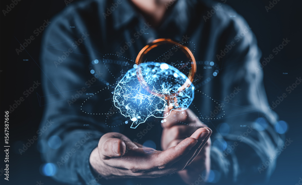 Poster futuristic concept of human intelligence and digital brain network held in hands with glowing neural