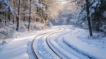 Fototapeta premium Winding train tracks through a snowy forest.