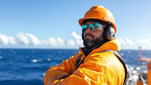 Ocean Explorer: A dedicated maritime worker in vibrant orange protective gear, gazes intently across the vast ocean horizon on a sunny day.