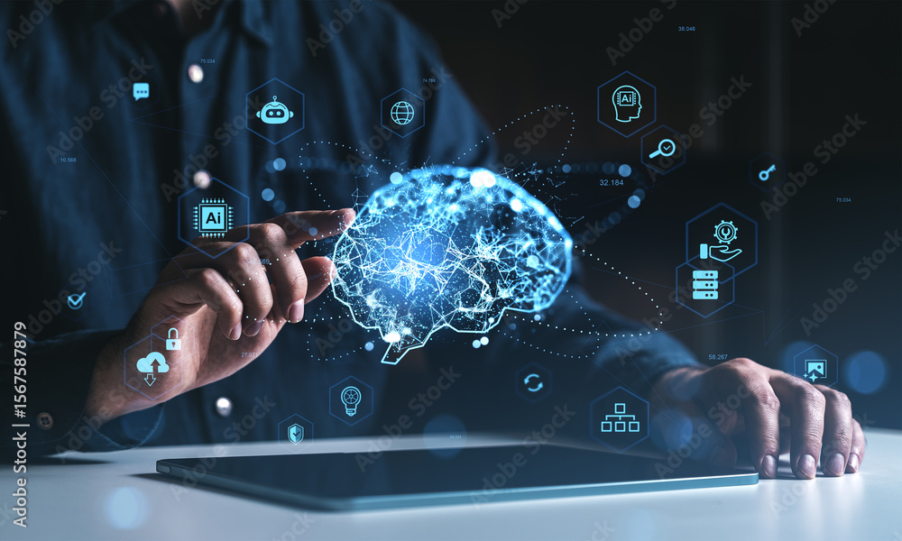Poster human hand interacting with digital brain interface surrounded by technology icons representing arti