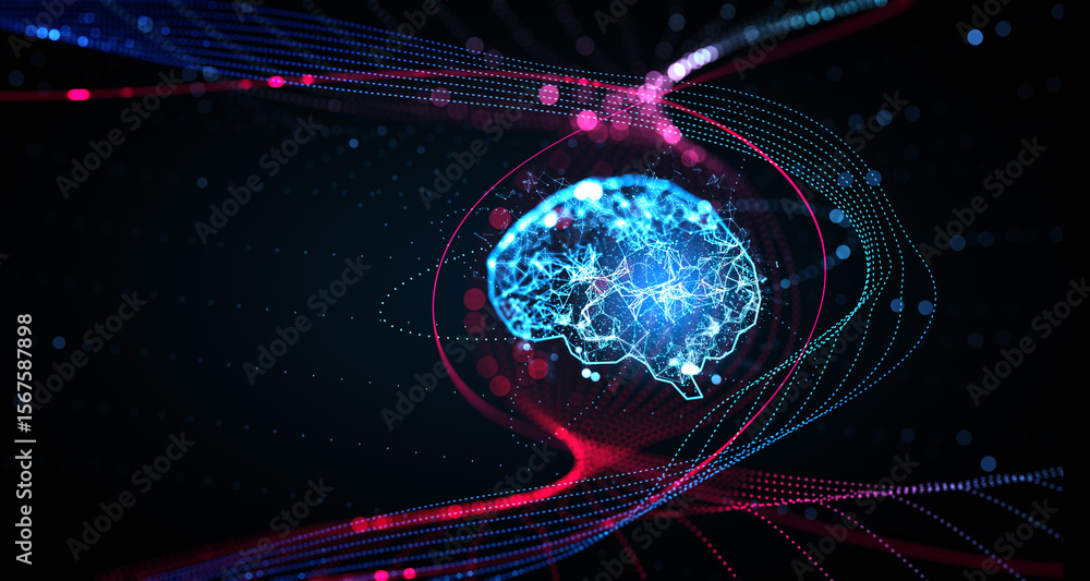 Aufkleber futuristic 3d visualization of a glowing digital brain made of neural networks and data lines on dar