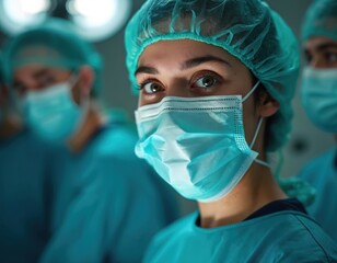 Focused surgeon in operating room wears mask, cap. Medical team in sterile environment prepares for surgery. Healthcare professionals in surgical scrubs work together in hospital setting. Medicine,