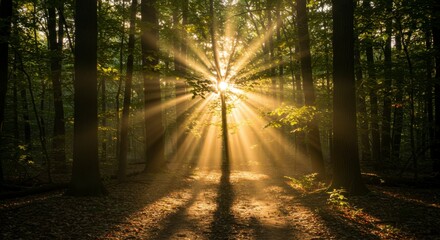 Obraz premium Sunlight streams through a forest