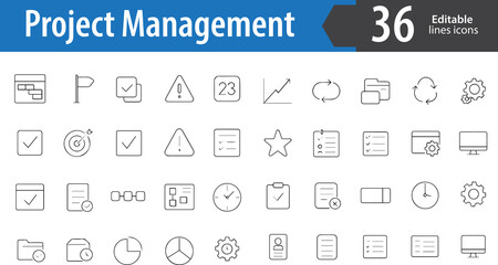 Project Management Line Icons, Task List, Timeline, Collaboration, Gantt Chart, Workflow, Editable Formats: AI, EPS, PNG, JPG, Ideal for Both Digital and Print Use
