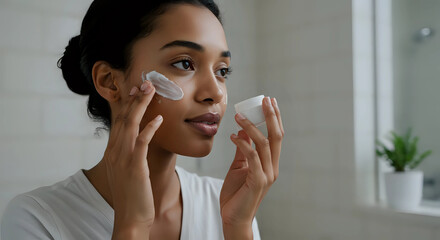 Portrait of beautiful young african american woman applying face cream, clean bathroom background - skincare and beauty routine concept