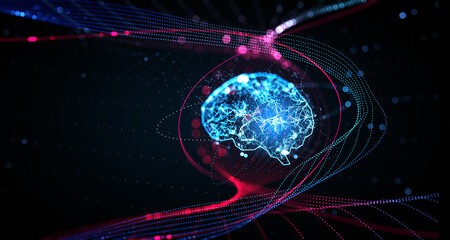 Futuristic 3D visualization of a glowing digital brain made of neural networks and data lines on dark background, symbolizing AI and deep learning concept. 3D Rendering