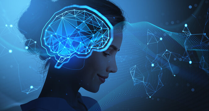 Side profile of woman with digital brain illustration and neural