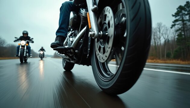 Motorcycle riders cruise down wet highway in close-up action shot. Biker show concept captures freedom and journey on open road with multiple bikes in parade formation. Experience thrill of ride.