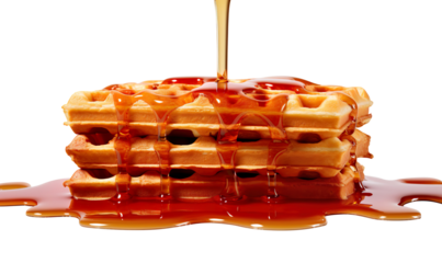 a stack of waffles with maple syrup being poured over the top, on a red block 