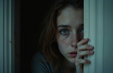 Fearful young woman peeks from dark closet, eyes wide with anxiety. Clutches doorframe, embodying isolation, distress. Low-light portrait captures moment of vulnerability, fear, potential danger.