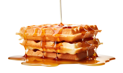 a stack of waffles with maple syrup being poured over the top, on a red block 