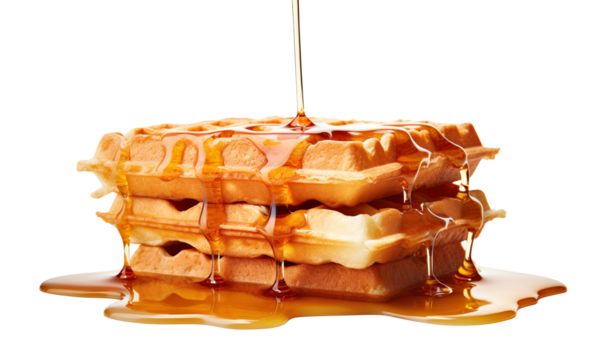 a stack of waffles with maple syrup being poured over the top, on a red block 