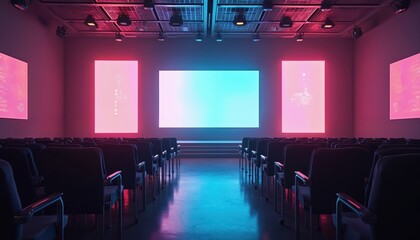 Modern conference room with rows of dark chairs facing large central screen displaying bright blue, cyan light. Two pink displays flank main screen, illuminated by red, blue stage lighting. Space