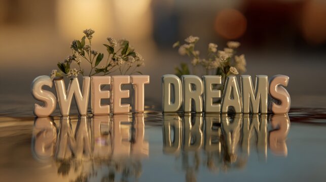 Creative arrangement of sweet dreams letters with delicate flowers in a serene setting at sunset