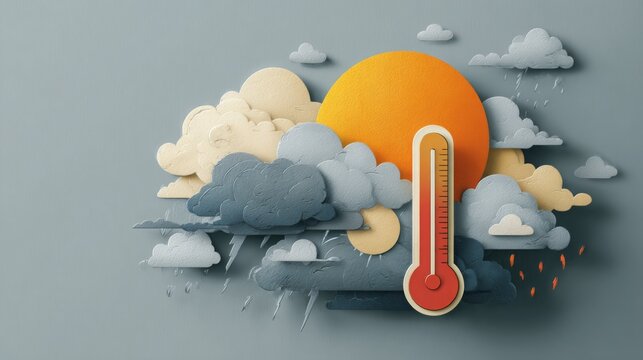 Weather illustration depicting sun, clouds, rain, and a thermometer on a pastel background