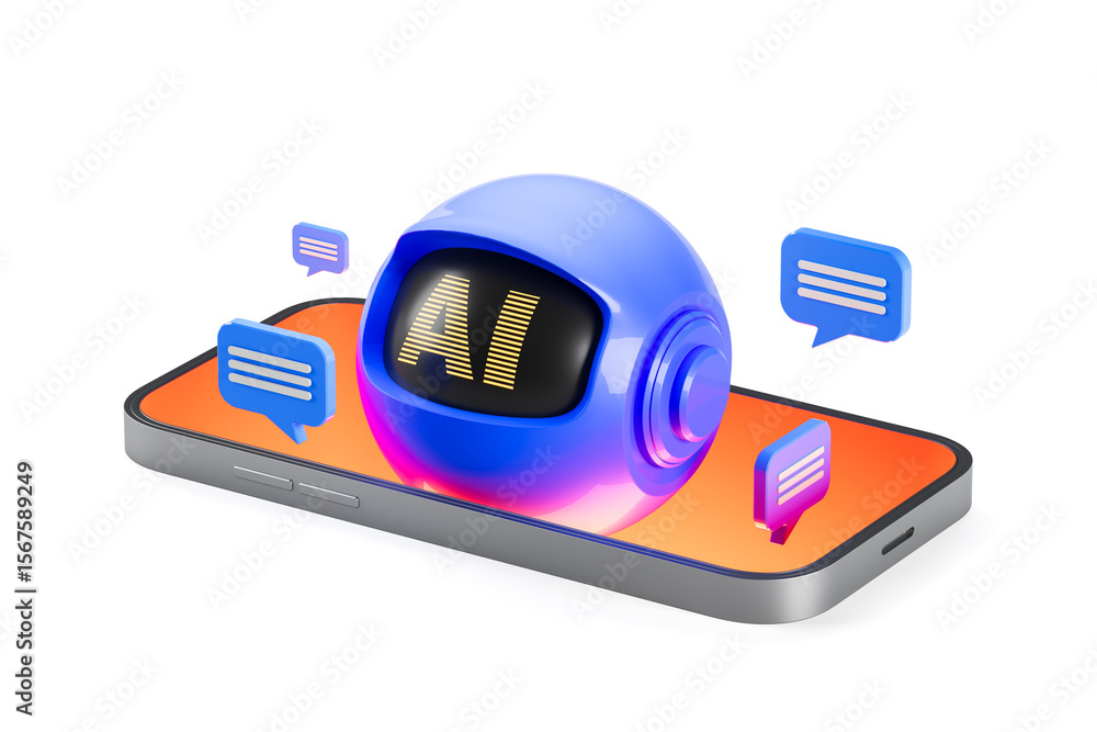 Aufkleber ai chatbot head emerging from smartphone with floating message icons on white background, representi