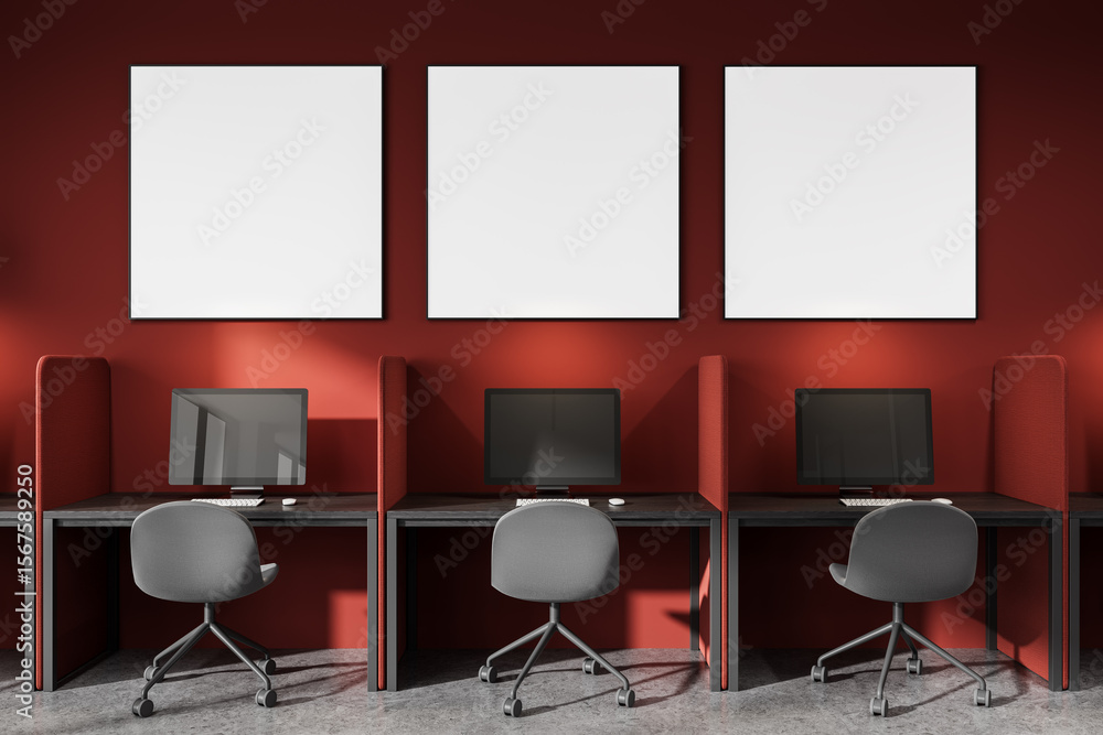 Aufkleber blank poster mockup template above workstations in modern red office interior with clean design layo