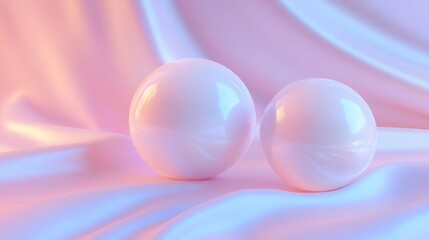 Shiny white spheres resting on soft pastel fabric, creating a serene atmosphere in a softly lit environment