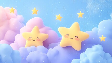Cute smiling stars among fluffy clouds in a pastel sky during a serene day