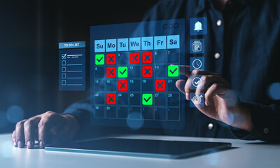 Man interacting with virtual calendar interface showing task completion and scheduling concept on...