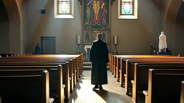 A monk in a dark robe walks down the central aisle of a church, illuminated by spiritual sunbeams streaming through the windows.