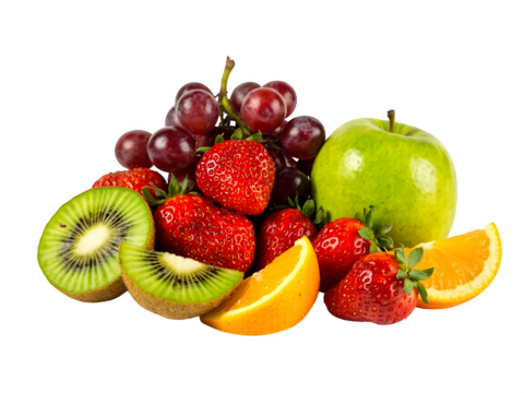 A bunch of different fresh organic fruits (like red strawberries, green apples, kiwi slices, oranges, and grapes) sitting on a white background. 