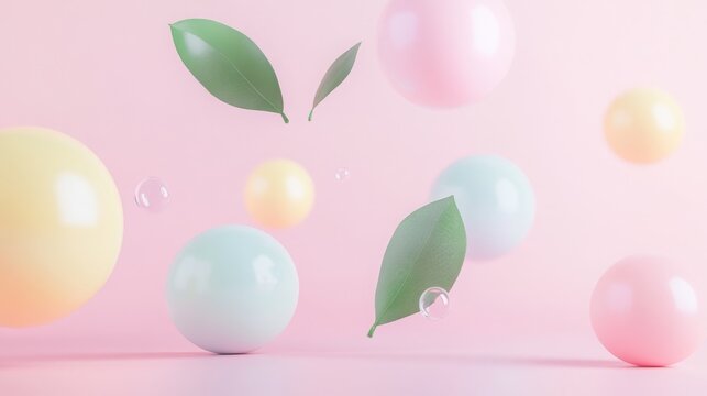 Colorful spheres and leaves float gracefully in a pastel setting, creating a playful and serene atmosphere suitable for various designs
