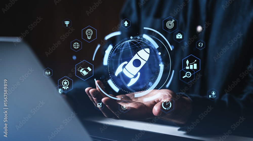 Poster futuristic startup launch concept with rocket icon and business elements in holographic style hoveri