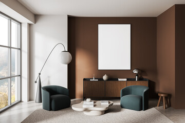 Modern interior with minimalist empty poster frame on brown wall, stylish furniture and soft lighting in clean contemporary living room setup. 3D Rendering