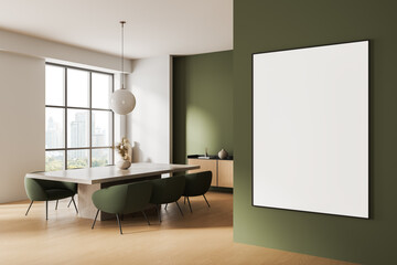 Modern dining room interior with large blank poster on green wall and natural light from city view window, clean layout for artwork or design concept. 3D Rendering