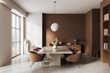 Modern minimalist dining room interior with brown accent wall, stone table, and curved chairs in natural light setting concept rendering. 3D Rendering